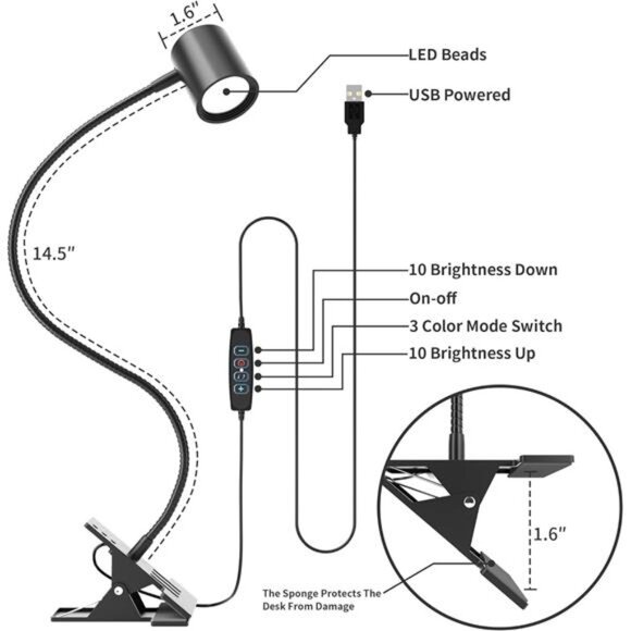Desk Lamp,USB Clip On Light,3 Color Modes,10Brightness Levels,360° Gooseneck LED - Picture 6 of 7